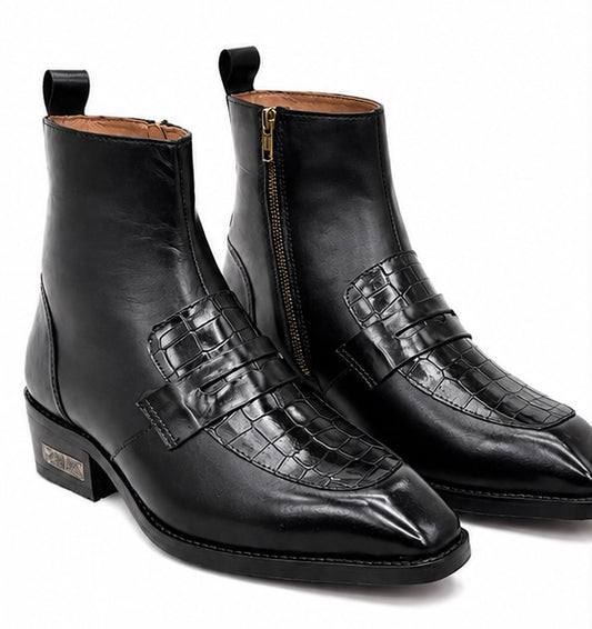BLACK LEATHER CROCODILE PANEL ZIPPER ANKLE BOOTS