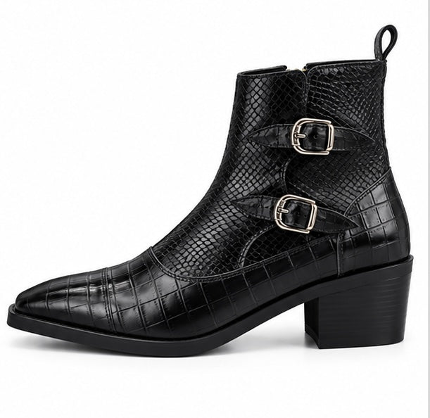 BLACK CROC TEXTURE DOUBLE BUCKLE ANKLE BOOTS