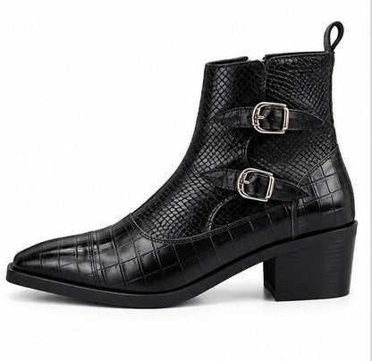 BLACK CROC TEXTURE DOUBLE BUCKLE ANKLE BOOTS