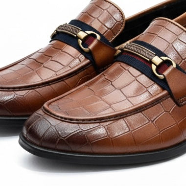 TAN CROCODILE TEXTURED HORSEBIT LOAFERS