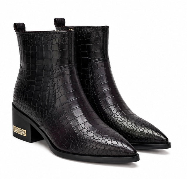 CHOCOLATE BROWN CROCODILE EMBOSSED ANKLE BOOTS