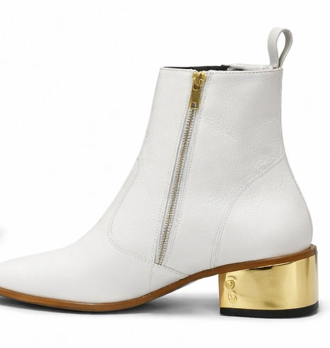 WHITE LEATHER ANKLE BOOTS WITH GOLD BLOCK HEEL