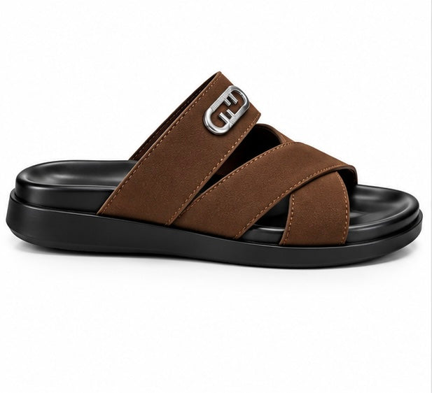 MEN’S CROSS-STRAP SLIDES – COFFEE