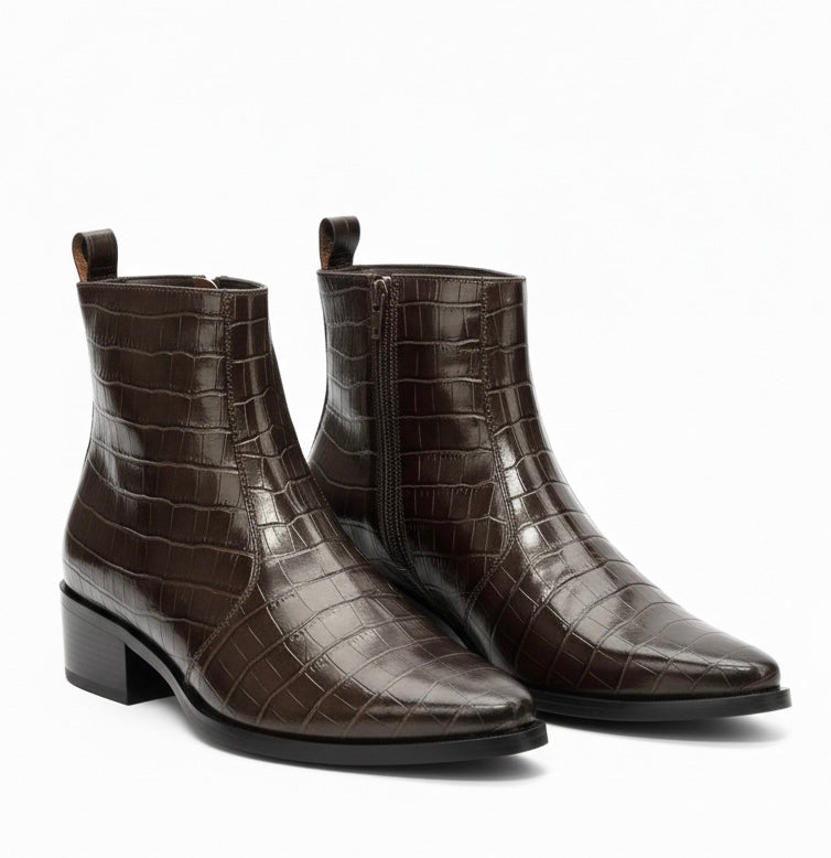 PREMIUM DARK BROWN CROC-TEXTURED CHELSEA BOOTS FOR MEN