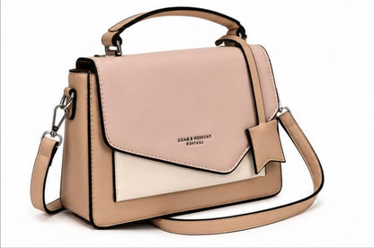 BEIGE COLOR BLOCK TOP HANDLE CROSSBODY BAG