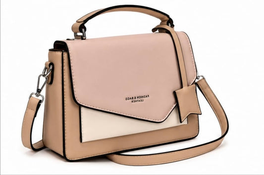 BEIGE COLOR BLOCK TOP HANDLE CROSSBODY BAG