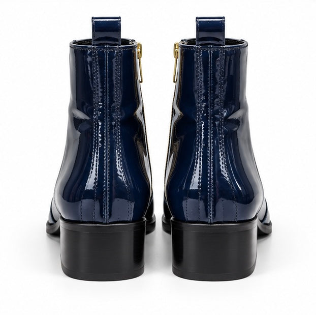 MEN’S GLOSSY NAVY BLUE POINTED-TOE ANKLE BOOTS WITH GOLD ZIPPER