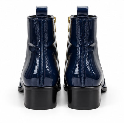 MEN’S GLOSSY NAVY BLUE POINTED-TOE ANKLE BOOTS WITH GOLD ZIPPER