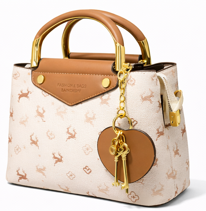 ELEGANT DEER PRINT TOP HANDLE HANDBAG WITH HEART CHARM