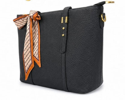 ELEGANT BLACK PEBBLED TOTE BAG WITH SCARF