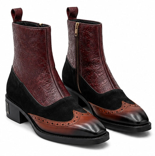 BURGUNDY EMBOSSED LEATHER WINGTIP ANKLE BOOTS