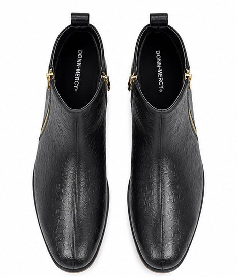 PREMIUM BLACK EMBOSSED CHELSEA BOOTS WITH GOLD ZIP DETAIL