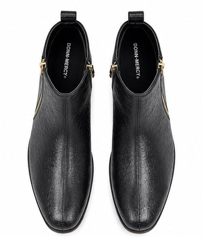 PREMIUM BLACK EMBOSSED CHELSEA BOOTS WITH GOLD ZIP DETAIL