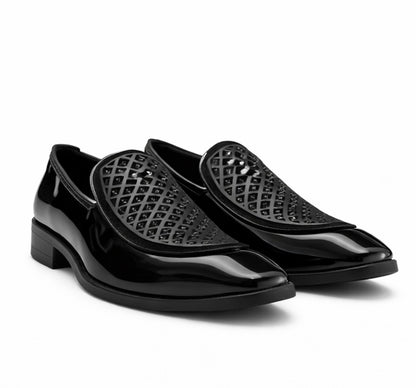 MEN'S PREMIUM BLACK PATENT LEATHER DESIGNER LOAFER SHOES WITH TEXTURED UPPER