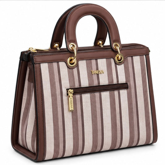 BROWN & CREAM STRIPED TOP HANDLE HANDBAG