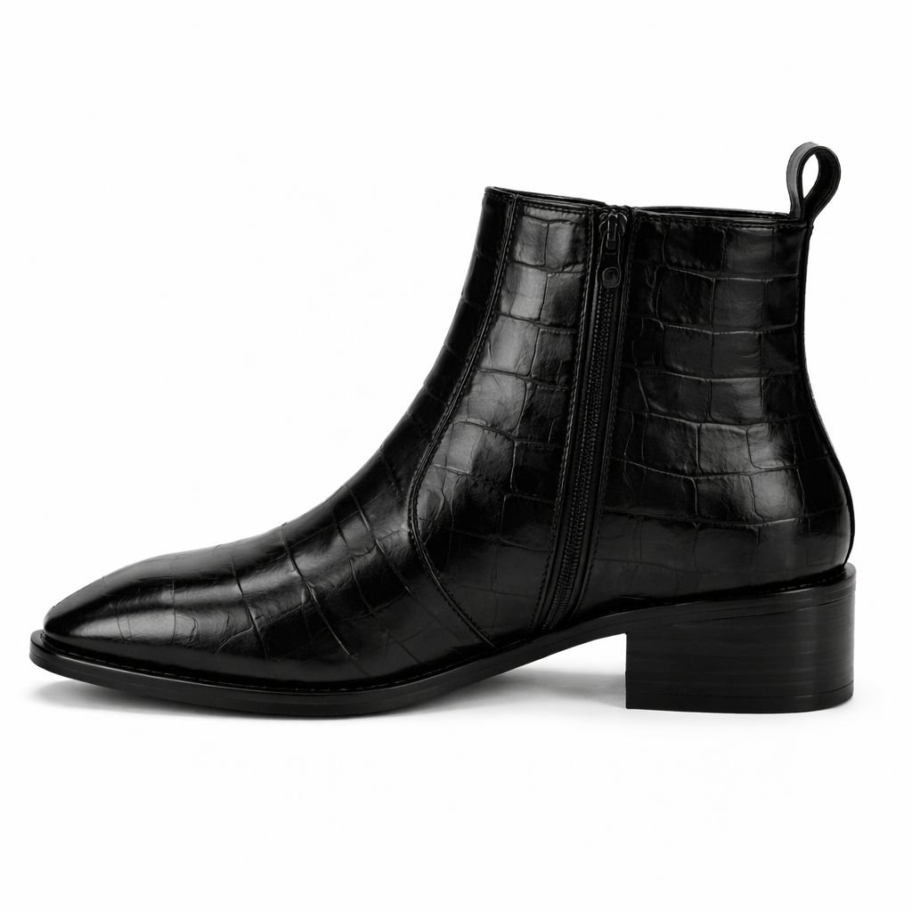 MEN’S BLACK CROCODILE TEXTURE CHELSEA BOOTS – PREMIUM LEATHER ZIPPER ANKLE