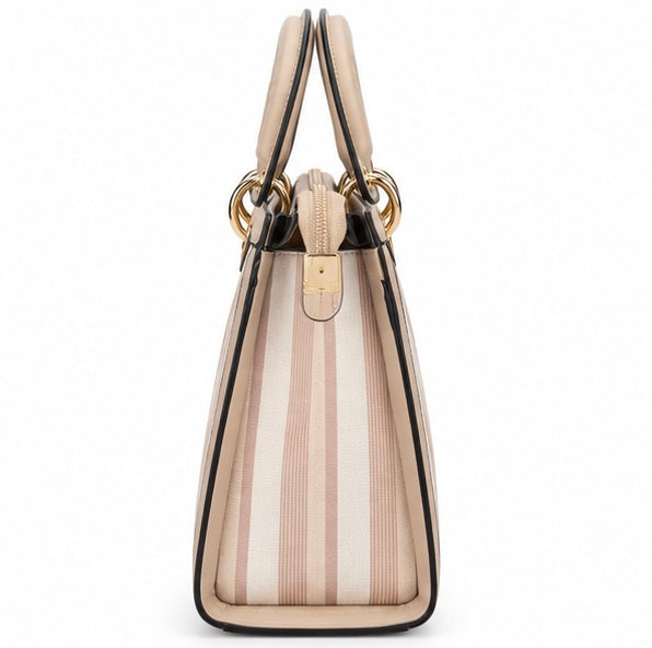 BEIGE & PINK STRIPED TOP HANDLE HANDBAG