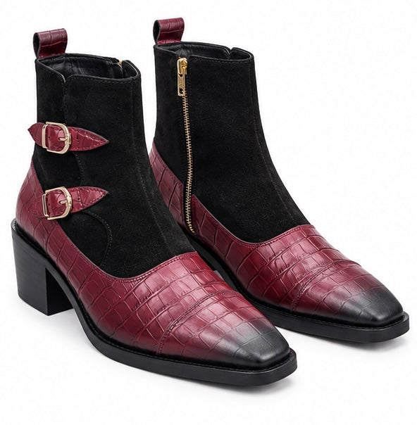 BURGUNDY & BLACK CROC TEXTURE DOUBLE BUCKLE ANKLE BOOTS