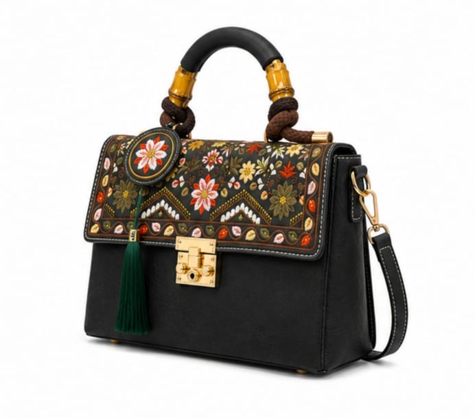 HANDCRAFTED FLORAL VINTAGE TOP HANDLE BAG