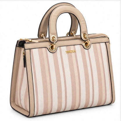 BEIGE & PINK STRIPED TOP HANDLE HANDBAG