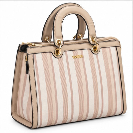 BEIGE & PINK STRIPED TOP HANDLE HANDBAG