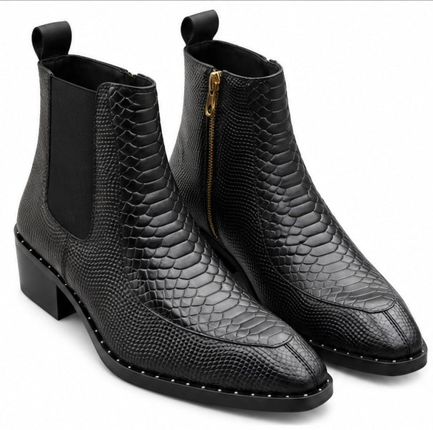 BLACK SNAKE PRINT LEATHER POINTED TOE CHELSEA ANKLE BOOTS FOR MEN