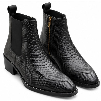 BLACK SNAKE PRINT LEATHER POINTED TOE CHELSEA ANKLE BOOTS FOR MEN