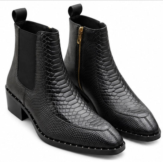 BLACK SNAKE PRINT LEATHER POINTED TOE CHELSEA ANKLE BOOTS FOR MEN