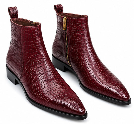 BURGUNDY CROCODILE EMBOSSED ZIP BOOTS