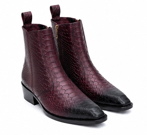 BURGUNDY SNAKESKIN CHELSEA BOOTS WITH BLACK TOE FADE
