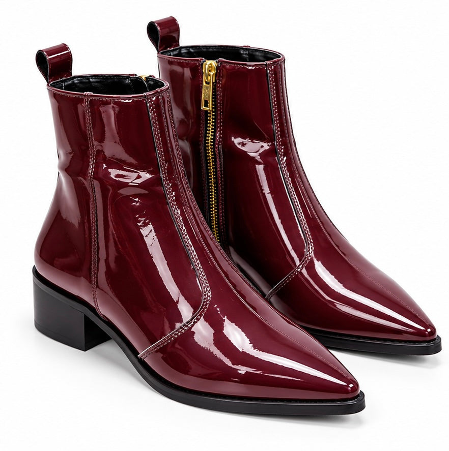 MEN’S GLOSSY BURGUNDY POINTED-TOE ANKLE BOOTS WITH GOLD ZIPPER
