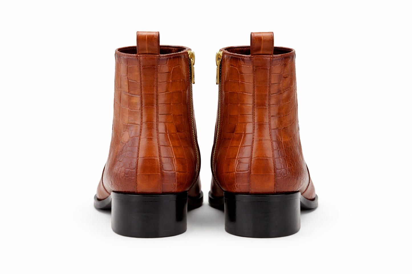 BROWN CROC TEXTURE LEATHER ANKLE BOOTS WITH METAL TOE CAP