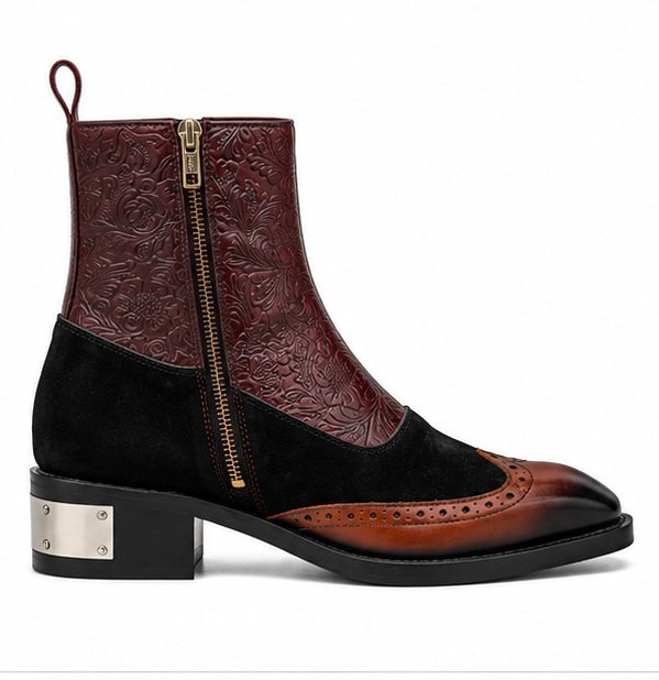 BURGUNDY EMBOSSED LEATHER WINGTIP ANKLE BOOTS