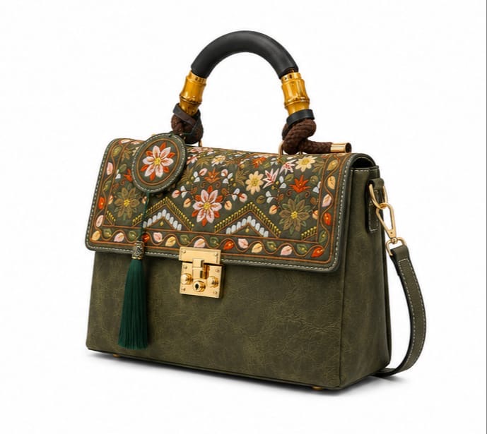 LUXURY FLORAL EMBROIDERED TOP HANDLE SATCHEL BAG