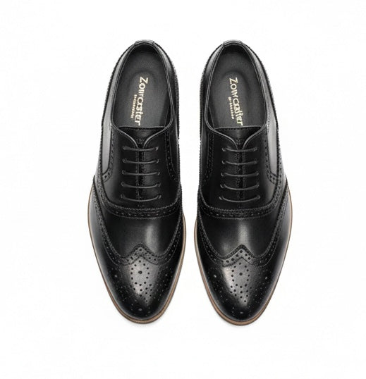 BLACK LEATHER BROGUE OXFORD SHOES (WOODEN SOLE)