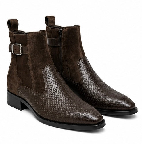 MEN’S DARK BROWN CROCODILE TEXTURE CHELSEA BOOTS – PREMIUM SIDE BUCKLE ANKLE BOOTS