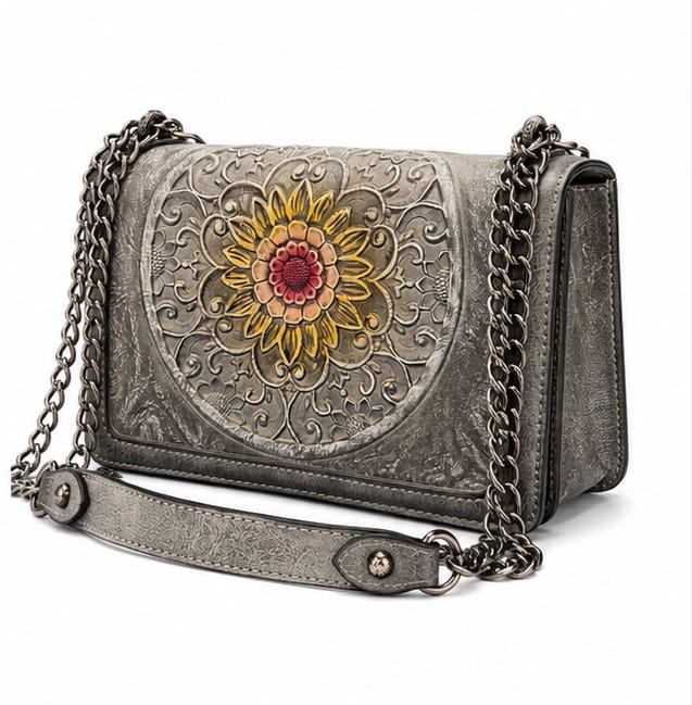 VINTAGE EMBOSSED FLORAL CHAIN SHOULDER BAG