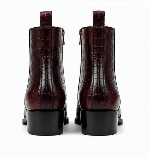 Burgundy Croc Embossed Leather Ankle Boots
