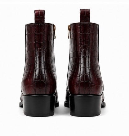Burgundy Croc Embossed Leather Ankle Boots