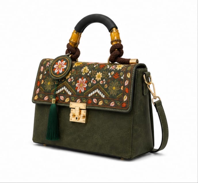 HANDCRAFTED FLORAL TOP HANDLE BAG