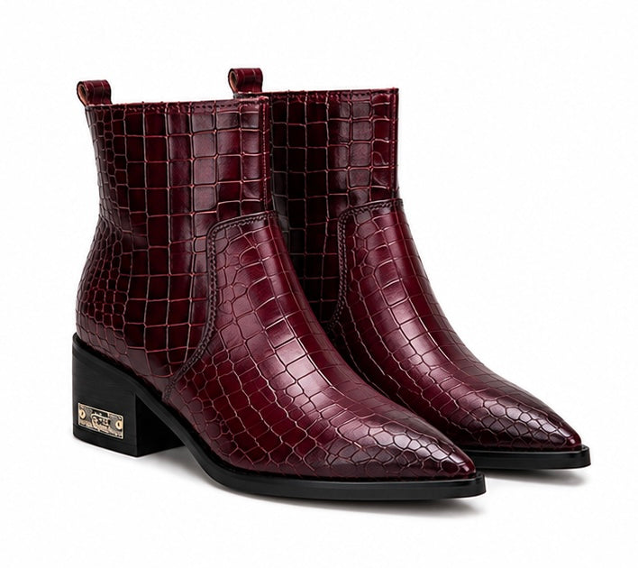 WINE RED CROCODILE EMBOSSED CHELSEA BOOTS