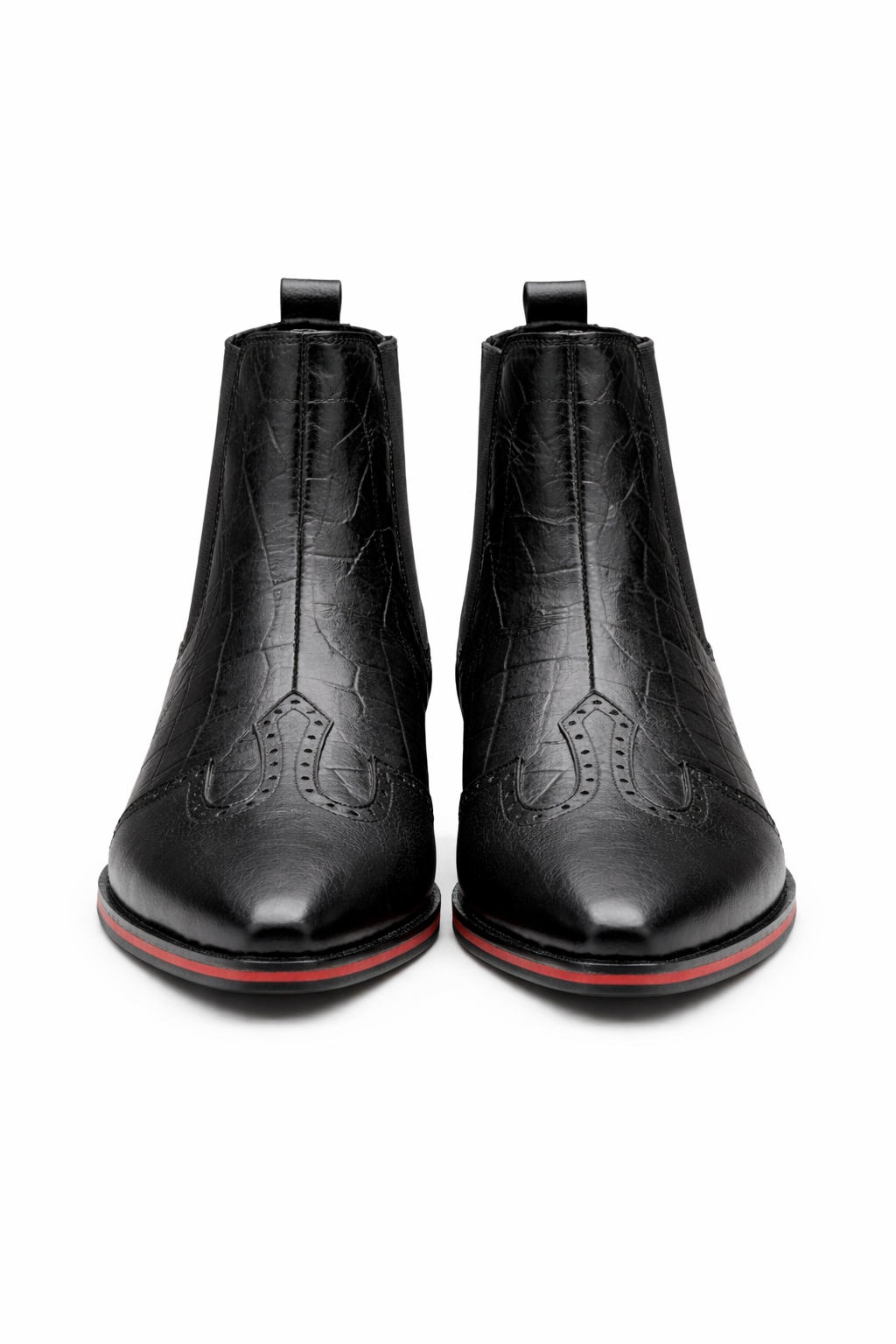 BLACK LEATHER CHELSEA BOOTS WITH BROGUE DETAIL AND RED SOLE TRIM