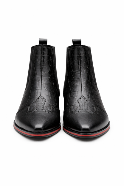 BLACK LEATHER CHELSEA BOOTS WITH BROGUE DETAIL AND RED SOLE TRIM