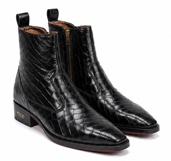 Black Crocodile Texture Leather Zipper Ankle Boots For Men