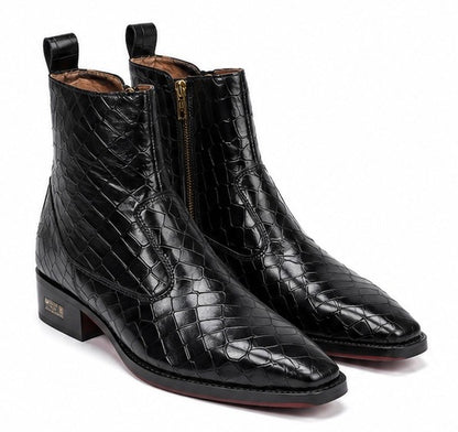 Black Crocodile Texture Leather Zipper Ankle Boots For Men