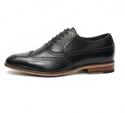 BLACK LEATHER BROGUE OXFORD SHOES (WOODEN SOLE)