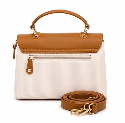 CAMEL BROWN & CREAM STRUCTURED HANDBAG WITH GOLD CLASP