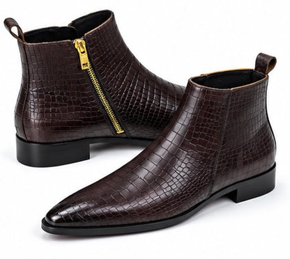 CHOCOLATE BROWN CROCODILE EMBOSSED ANKLE BOOTS