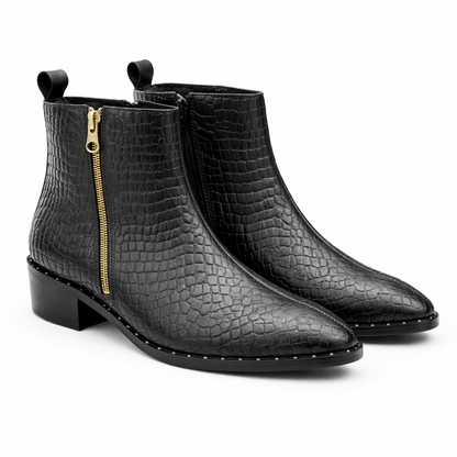 BLACK CROC-EMBOSSED ANKLE BOOTS WITH GOLD ZIP