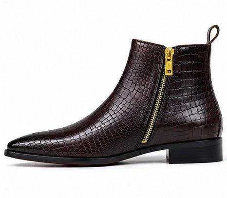 CHOCOLATE BROWN CROCODILE EMBOSSED ANKLE BOOTS